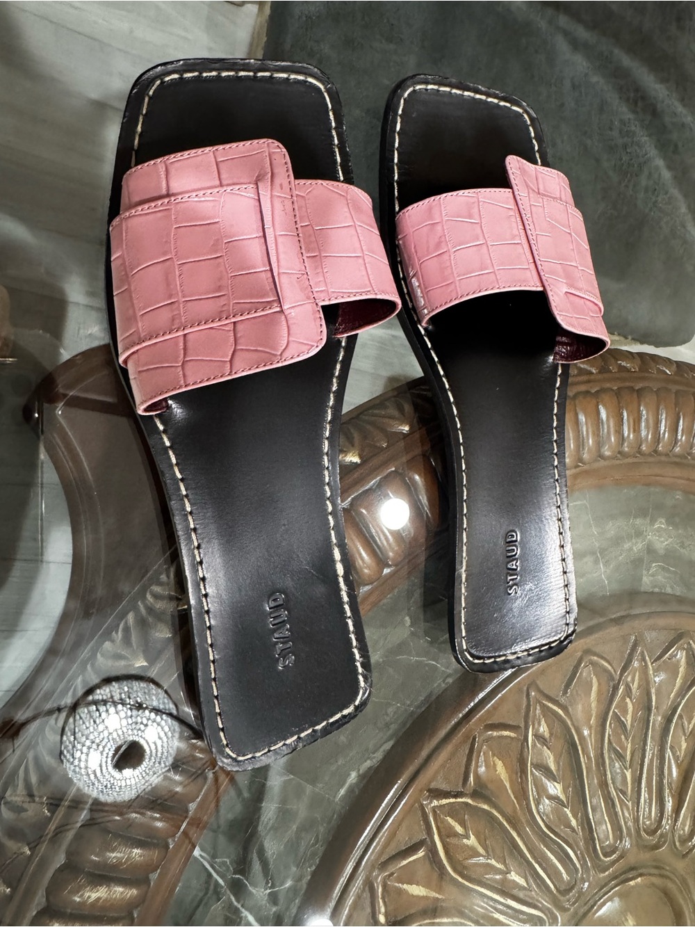 STAUD Pink Croc-Embossed Slide Sandals with Black Footbed
